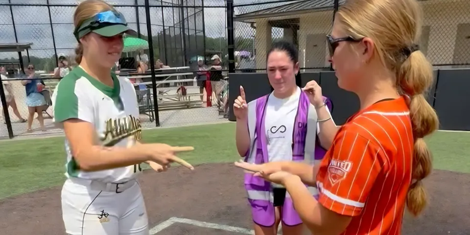 Softball athletes celebrating during the Rock Paper Scissors Battle